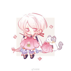 1boy black_bridal_gauntlets black_sandals black_shirt bridal_gauntlets cat chibi chibi_only chinese_clothes chinese_commentary closed_mouth eyeshadow floral_print flower flower_symbol gradient_hair hair_ornament hair_stick highres holding holding_needle holding_sweater holding_unworn_clothes hu-geng_(the_tale_of_food) invisible_chair knitting knitting_needle light_blush long_sleeves makeup male_focus multicolored_hair needle pants pink_flower pink_hair pink_sweater purple_pants robe sandals shirt short_hair shuling single_sidelock sitting smile solo sweater swept_bangs the_tale_of_food white_background white_hair white_robe wide_sleeves yarn yarn_ball yellow_eyeshadow