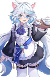 1girl absurdres ahoge alternate_costume animal_ears apron ascot black_dress black_garter_straps blue_ascot blue_eyes blue_gemstone blue_hair blue_nails blush bow brooch cat_ears cat_girl commentary_request cowboy_shot cup dress drop-shaped_pupils enmaided frilled_apron frilled_dress frills furina_(genshin_impact) garter_straps gem genshin_impact hand_up heterochromia highres holding holding_tray jewelry light_blue_hair long_hair long_sleeves looking_at_viewer maid maid_apron multicolored_hair nail_polish nekopurin_(nyanko_prin) open_mouth plate single_tooth solo symbol-shaped_pupils tea teacup teapot thigh_strap thighhighs tray two-tone_hair very_long_hair vision_(genshin_impact) white_apron white_bow white_hair white_thighhighs