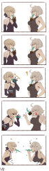 2girls absurdres ahoge artoria_pendragon_(fate) bad_id bad_pixiv_id bare_arms bare_shoulders black_dress blonde_hair braid breasts bubble_tea_challenge club3 comic dress drinking drinking_straw elbow_gloves fate/grand_order fate_(series) french_braid gloves hair_bun halterneck highres jeanne_d&#039;arc_(fate) jeanne_d&#039;arc_alter_(avenger)_(fate) jeanne_d&#039;arc_alter_(fate) milk_tea multiple_girls object_on_breast saber_alter saber_alter_(final_ascension) short_hair silent_comic silver_hair single_hair_bun smug white_background yellow_eyes