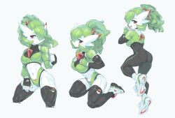 1girl abs absurdres alternate_muscle_size colored_skin creatures_(company) game_freak gardevoir gen_3_pokemon green_hair hair_over_one_eye hairband highres muscular muscular_female nintendo pink_eyes poke_ball pokemon pokemon_(creature) smile solo thick_thighs thighhighs thighs toned tyson_tan white_background white_skin