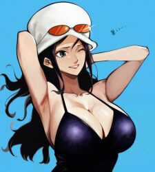 1girl absurdres arms_behind_head black_hair blue_background blue_eyes breasts cleavage commentary_request dress eyewear_on_head glint hat highres large_breasts long_hair looking_ahead nadainishi nico_robin one_eye_closed one_piece orange-tinted_eyewear simple_background smile solo tinted_eyewear white_hat