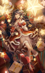 1girl absurdly_long_hair artist_request bare_shoulders bell black_hair blue_eyes boots bow bow_choker bow_legwear breasts candy candy_cane choker christmas christmas_star cleavage cross-laced_clothes cross-laced_legwear dress earrings eyelashes eyeshadow food full_body fur-trimmed_boots fur-trimmed_dress fur-trimmed_gloves fur-trimmed_sleeves fur-trimmed_thighhighs fur_trim gift gloves glowing hair_bow hair_ornament hair_spread_out hairband happy highres holding holding_staff holly_hair_ornament jewelry knee_boots lace lace-trimmed_dress lace-trimmed_sleeves lace_trim layered_dress light_particles lilith_(shining_nikki) lipstick long_hair looking_at_viewer lying makeup necklace nikki_(series) off-shoulder_dress off_shoulder official_art on_back parted_lips pink_eyeshadow plaid_bow plaid_choker plaid_clothes plaid_sash puffy_short_sleeves puffy_sleeves red_boots red_bow red_choker red_dress red_gloves red_lips red_sash sash see-through_clothes see-through_thighhighs shining_nikki short_dress short_sleeves smile snow_globe snowflake_choker snowflakes snowman solo staff striped_clothes striped_dress teeth thighhighs third-party_source upper_teeth_only vertical-striped_clothes vertical-striped_dress very_long_hair waist_sash white_bow white_dress white_thighhighs yellow_hairband