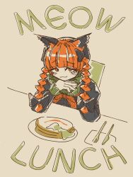 1girl :3 absurdres animal_ears black_bow black_dress blunt_bangs bow braid cat_ears closed_mouth commentary dress english_commentary food fork gendou_pose hair_bow hands_clasped highres juliet_sleeves kaenbyou_rin knife long_sleeves looking_at_viewer miso_konbu orange_eyes orange_hair own_hands_clasped own_hands_together pancake plate puffy_sleeves smile solo touhou twin_braids upper_body