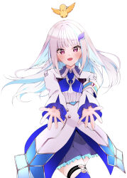 1girl armband bird blue_armband blue_hair blue_neckerchief blue_skirt blunt_bangs blush buttons collared_shrug colored_inner_hair commentary_request cowboy_shot double-breasted floating_hair frilled_skirt frilled_sleeves frills hair_ornament high-waist_skirt layered_skirt legwear_garter lize_helesta lize_helesta_(1st_costume) long_sleeves looking_at_viewer monocle multicolored_hair neckerchief nijisanji open_mouth pleated_skirt purple_eyes reaching reaching_towards_viewer sebastian_piyodore shigure_(sigre) shirt shrug_(clothing) sidelocks simple_background skirt smile streaked_hair thighhighs two-tone_hair virtual_youtuber white_background white_hair white_shirt white_shrug white_skirt yellow_bird zettai_ryouiki