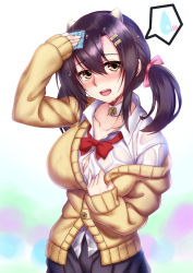 1girl asane_ken azur_lane black_hair black_skirt blush bow breasts brown_eyes button_gap cardigan collarbone collared_shirt dress_shirt female_focus hair_between_eyes hair_ornament hair_ribbon hairclip handkerchief horns large_breasts long_hair long_sleeves looking_at_viewer nagara_(azur_lane) nose_blush open_cardigan open_clothes open_mouth pink_ribbon pleated_skirt red_bow red_neckwear ribbon school_uniform shirt skirt sleeves_past_wrists solo sweater twintails wet wet_clothes white_shirt wiping yellow_sweater