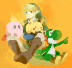 1boy bad_id bad_pixiv_id blonde_hair blue_eyes creatures_(company) earrings game_freak gen_1_pokemon gloves hat jewelry kirby kirby_(series) kutta link mario_(series) nintendo pikachu pointy_ears pokemon pokemon_(creature) super_smash_bros. the_legend_of_zelda yoshi