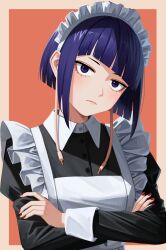 1girl absurdres alternate_costume apron audio_jack black_dress boku_no_hero_academia closed_mouth crossed_arms dress enmaided highres jiro_kyoka long_earlobes looking_at_viewer maid maid_apron maid_headdress nemo_ringo red_nails short_hair sidelocks solo white_apron