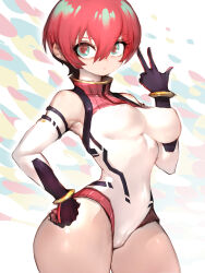 1girl adapted_costume amate_yuzuriha aqua_eyes bare_shoulders bodysuit breasts cameltoe closed_mouth curvy fumio_(rsqkr) gloves gundam gundam_gquuuuuux hair_between_eyes highres hip_focus impossible_clothes large_breasts lips long_sleeves looking_at_viewer multicolored_bodysuit narrow_waist red_hair short_hair simple_background solo thick_thighs thighs w white_background wide_hips