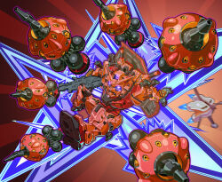 beam_rifle bit_(gundam) braw_bro commentary_request energy_gun flying glowing glowing_eyes gun gundam gundam_gquuuuuux highres holding holding_gun holding_weapon mecha mecha_focus mobile_armor mobile_suit no_humans purple_eyes red_gundam robot science_fiction shield shield_on_back solo uungunover v-fin weapon