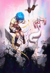 2girls black_skirt black_socks blue_hair bow bowtie brown_shoes commentary crack destruction english_commentary hair_over_eyes hand_on_own_face hand_up highres holding holding_ribbon jewelry juliet_sleeves kaname_madoka kneehighs kyubey loafers long_sleeves mahou_shoujo_madoka_magica mahou_shoujo_madoka_magica_(anime) miki_sayaka mitakihara_school_uniform multiple_girls pigeon-toed plaid_clothes plaid_skirt pleated_skirt puffy_sleeves red_bow red_bowtie red_trim ribbon ring rock school_uniform shoes short_hair sitting skirt sleeve_cuffs socks standing starcat_bloom sweater yellow_ribbon yellow_sweater