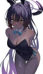 1girl absurdres animal_ears black_leotard blue_archive blue_bow blue_bowtie bow bowtie breasts cleavage closed_mouth dark-skinned_female dark_skin detached_collar fake_animal_ears fishnet_pantyhose fishnets halo highleg highleg_leotard highres karin_(blue_archive) karin_(bunny)_(blue_archive) large_breasts leaning_forward leotard long_hair official_alternate_costume pantyhose playboy_bunny ponytail purple_hair purple_halo rabbit_ears simple_background sjtx2532 smile solo strapless strapless_leotard very_long_hair white_background yellow_eyes