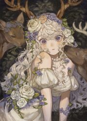 1girl absurdres antlers bare_shoulders breasts deer_girl dress flower hair_flower hair_ornament highres horns light_blush long_hair looking_at_viewer medium_breasts original parted_lips purple_eyes purple_flower sayoko_(sayosny2) solo white_dress white_hair