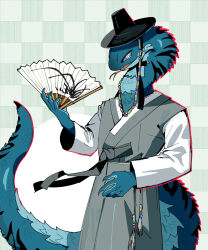 1boy blue_scales checkered_background claws colored_sclera cowboy_shot fangs fo0lnf0ol_s forked_tongue furry furry_male gat_(hat) grey_background grey_sclera hanbok hand_fan hat highres holding holding_fan korean_clothes looking_at_viewer male_focus original snake_boy solo tail tongue tongue_out white_eyes