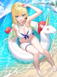 1girl absurdres aizawa_ema armpits beach bikini blonde_hair blue_eyes blue_sky breasts cleavage cloud full_body gradient_hair hand_up highres large_breasts long_hair multicolored_hair navel open_mouth outdoors sandals sitting sky smile solo stomach sunamama4788 swim_ring swimsuit thighs virtual_youtuber vspo! water wet white_bikini white_sandals