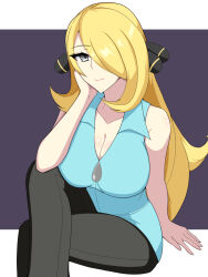 1girl alternate_breast_size black_pants blonde_hair blue_shirt breasts closed_mouth commentary creatures_(company) crossed_legs cynthia_(pokemon) elbow_on_knee elbow_rest game_freak grey_eyes hair_ornament hair_over_one_eye highres large_breasts momosuke_(user_pupa3454) nintendo pants pokemon pokemon_(anime) pokemon_bw_(anime) shirt sitting sleeveless sleeveless_shirt smile solo
