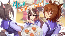 3girls agnes_tachyon_(umamusume) ahoge air_groove_(umamusume) animal_ears back_bow blue_eyes bow bowtie breasts brown_hair closed_mouth collarbone commentary company_name copyright_notice couch crossed_arms cup cygames desk ear_ornament english_commentary english_text from_behind hair_between_eyes hair_ornament highres horse_ears horse_girl horse_tail horseshoe_ornament indoors long_hair long_sleeves looking_at_viewer looking_back medium_hair multicolored_hair multiple_girls official_art open_hand open_mouth pink_eyes puffy_long_sleeves puffy_sleeves purple_skirt red_eyes sailor_collar school_uniform second-party_source skirt steam symboli_rudolf_(umamusume) tail tea teacup tracen_school_uniform tray umamusume upper_body white_bow white_hair window winter_uniform