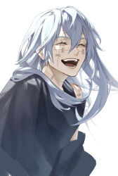1boy air_(ai_r_) blue_hair closed_eyes eyelashes hair_between_eyes happy heterochromia highres jujutsu_kaisen long_hair mahito_(jujutsu_kaisen) male_focus open_mouth simple_background smile solo stitched_arm stitched_face stitches teeth upper_body white_background