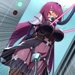1girl absurdres amibanottoki armor arms_behind_back bdsm between_breasts blush bodysuit bondage bound bound_arms bound_legs breasts commentary_request covered_navel fate/grand_order fate_(series) gagged highres in_container large_breasts long_hair pauldrons purple_bodysuit purple_hair red_eyes restrained scathach_(fate) shoulder_armor strap_between_breasts sweat tube