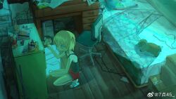 1girl 745 bedroom black_tank_top blonde_hair book box cable cardboard_box chair chest_of_drawers chinese_commentary computer desk earphones from_above highres holding indoors messy_room monitor office_chair original red_shorts sandals short_hair shorts slippers solo squatting stuffed_animal stuffed_dog stuffed_toy swivel_chair tank_top watermark weibo_watermark wooden_floor