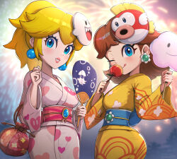 2girls absurdres blonde_hair blooper_(mario) blue_eyes boo_(mario) brown_hair cheep_cheep gonzarez highres japanese_clothes kimono mario_(series) mario_kart mario_kart_tour multiple_girls nintendo princess_daisy princess_daisy_(yukata) princess_peach princess_peach_(yukata)_(mario_kart_tour)