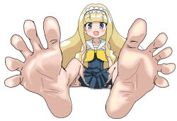 1girl barefoot blonde_hair blue_eyes blush feet gen&#039;ei_wo_kakeru_taiyou long_hair looking_at_viewer open_mouth riokasen shirokane_ginka soles toes