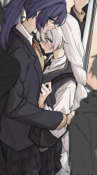2girls black_jacket black_necktie black_vest blazer blush braid collared_shirt commentary honkai_(series) honkai_impact_3rd jacket kiana_kaslana long_hair long_sleeves multiple_girls neck_ribbon necktie ponytail purple_hair raiden_mei red_ribbon ribbon school_uniform shirt sweater syonosuke9573 very_long_hair vest white_hair white_shirt yellow_sweater yuri