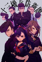 Rule 34 | 1girl, 6+boys, black eyes, black hair, black serafuku, breasts, brown eyes, brown hair, cleavage, crossed arms, delinquent, gakuran, grey background, hijiyama takatoshi, irono16, juusan kihei bouei ken, looking at viewer, medium hair, midriff, midriff peek, multiple boys, neckerchief, ogata nenji, pompadour, ponytail, red neckerchief, red ribbon, ribbon, sailor collar, school uniform, serafuku, sleeves rolled up, sukeban, takamiya yuki, thick eyebrows, wajima takemi