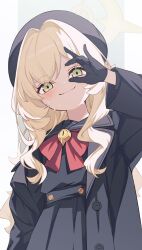 1girl anocco beret black_coat black_gloves black_hat black_sailor_collar black_serafuku blonde_hair blue_archive blush bow bowtie closed_mouth coat commentary fluffy_hair gloves green_background green_eyes halo hat highres long_hair long_sleeves looking_at_viewer open_clothes open_coat professor_niyaniya_(blue_archive) red_bow red_bowtie sailor_collar school_uniform serafuku smile solo sweatdrop two-tone_background white_background yellow_halo