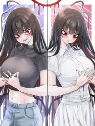 Rule 34 | 1girl, alternate costume, antenna hair, black hair, black nails, black shirt, blue archive, blunt bangs, blush, closed mouth, denim, embarrassed, halo, highres, jeans, komena (shinyday312), looking at viewer, looking down, open mouth, pants, red eyes, red halo, shirt, short sleeves, skirt, smile, solo, steepled fingers, t-shirt, tsurugi (blue archive), white shirt, white skirt