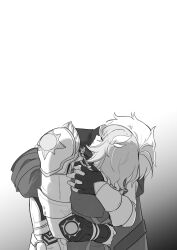 1boy 1girl armor coat commentary_request cyrene_(honkai:_star_rail) fingerless_gloves gloves greyscale hair_ornament highres honkai:_star_rail honkai_(series) hug merumoto_1 monochrome open_mouth pauldrons phainon_(honkai:_star_rail) short_hair shoulder_armor single_pauldron