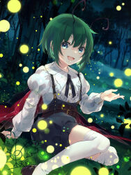1girl :d adapted_costume antennae arm_support blue_eyes bug cape commentary embellished_costume firefly foot_out_of_frame forest grass green_hair hair_between_eyes highres insect juliet_sleeves long_sleeves looking_at_viewer nature night on_ground open_mouth over-kneehighs puffy_sleeves short_hair sitting smile solo thighhighs touhou toutenkou tree white_thighhighs wriggle_nightbug yokozuwari