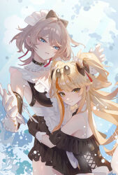 Rule 34 | 2girls, absurdres, ai dongdong, alternate costume, apron, bandage on face, bandages, bare shoulders, black bow, black choker, black dress, black gloves, black skirt, blonde hair, blue eyes, bow, breasts, brown hair, choker, cleavage, closed mouth, collarbone, commentary, dress, earrings, enmaided, eyewear on head, glasses, gloves, hair bow, highres, honkai (series), honkai impact 3rd, hug, jewelry, lantern (honkai impact), large breasts, looking at another, maid, maid headdress, multicolored hair, multiple girls, parted lips, pince-nez, red pupils, round eyewear, short hair, signature, skirt, smile, songque, songque (jovial deception: shadowdimmer), streaked hair, sunglasses, two side up, waist apron, white gloves, yellow eyes