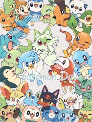 black_eyes blue_eyes brown_eyes bulbasaur charmander chespin chikorita chimchar closed_eyes closed_mouth creatures_(company) cyndaquil fangs fennekin froakie fuecoco game_freak gen_1_pokemon gen_2_pokemon gen_3_pokemon gen_4_pokemon gen_5_pokemon gen_6_pokemon gen_7_pokemon gen_8_pokemon grookey hand_up hands_up highres jira_077 litten mudkip nintendo one_eye_closed open_mouth oshawott piplup pokemon pokemon_(creature) popplio quaxly red_eyes rowlet scorbunny snivy sobble sprigatito squirtle star_(symbol) teardrop tepig torchic totodile treecko turtwig yellow_eyes