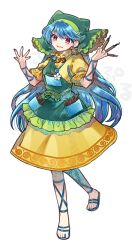1girl :d absurdres apron arm_ribbon blue_sandals commentary_request dress earrings full_body green_apron green_headscarf hands_up haniyasushin_keiki headscarf highres holding_tool hoop_earrings jewelry leg_ribbon long_hair looking_at_viewer magatama magatama_necklace making-of_available necklace open_mouth puffy_short_sleeves puffy_sleeves red_eyes red_nails ribbon sandals short_sleeves simple_background smile socha solo touhou very_long_hair white_background yellow_dress