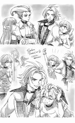 2boys 2girls :d bare_shoulders belt belt_collar blush bow choker closed_mouth collar gari_osushi gloves greyscale gustaf hair_ribbon highres jewelry long_hair monochrome multi-tied_hair multiple_boys multiple_girls one_eye_closed open_mouth ponytail primiera_(saga) ribbon roberto_(saga) saga saga_frontier_2 shorts smile very_long_hair virginia_knights