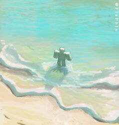 1other absurdres backlighting bald beach flxphlx full_body highres microsoft_paint_(medium) ocean painterly pastel_colors player_character_(roblox) roblox shadow shore solo standing surf waves