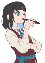 1girl belt black_hair blue_eyes blunt_bangs collared_shirt highres long_sleeves one_eye_closed original pen ribbon shirt solo start_furuike striped_background upper_body white_shirt