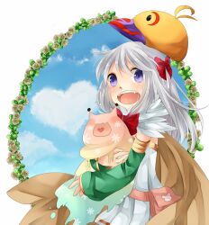 1girl alchemist_(ragnarok_online) bird_hat blue_sky blush bow brown_cape cape cloud commentary_request cowboy_shot day detached_sleeves dress flower fur_collar green_sleeves hair_bow heart heart-shaped_cloud heart_in_mouth long_hair looking_at_viewer meiko_(nattu303) open_mouth peco_peco purple_eyes ragnarok_online red_bow sky smile solo strapless strapless_dress vanilmirth_(ragnarok_online) white_background white_dress white_flower white_hair