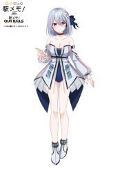 Rule 34 | 1girl, bare shoulders, black choker, blue leotard, blush, breasts, character request, choker, cleavage, closed mouth, collarbone, commentary request, dress, full body, grey dress, grey hair, grey shoes, hair between eyes, komori kuzuyu, leotard, leotard under clothes, long sleeves, looking at viewer, medium breasts, mole, mole on breast, official art, puffy long sleeves, puffy sleeves, purple eyes, shoes, simple background, smile, solo, standing, station memories, strapless, strapless dress, strapless leotard, white background