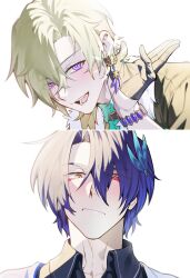Rule 34 | 2boys, :/, aventurine (honkai: star rail), black gloves, black jacket, blue hair, bracelet, closed mouth, collared shirt, commentary request, curtained hair, dr. ratio (honkai: star rail), earrings, fur trim, gaeha is, gloves, hair ornament, highres, honkai: star rail, honkai (series), jacket, jewelry, korean commentary, male focus, multicolored eyes, multiple boys, open mouth, parted hair, piercing, red eyes, shirt, smile, teeth, tongue, white fur, wing collar