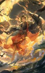1boy anklet artist_request barefoot bird bird_wings black_bird black_hair black_shirt black_wings cape chinese_clothes crown determined eclipse embers feathered_wings feathers fire floating_hair flock flying full_body game_cg gold_crown hair_bun half-harpy hanfu highres jewelry male_focus mountain_shadow_(shining_nikki) nikki_(series) ocean official_art red_cape red_hanfu shining_nikki shirt short_hair_with_long_locks short_sleeves sidelocks simple_bird single_hair_bun solo sunset waves wings yuyan_(shining_nikki)