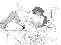 2girls absurdres barefoot cellphone closed_eyes closed_mouth clothes_lift commentary dark-skinned_female dark_skin expressionless greyscale gundam gundam_suisei_no_majo highres holding holding_phone long_hair lying_on_person midriff miorine_rembran monochrome multiple_girls nideaneng on_bed phone pillow shirt_lift short_sleeves shorts smartphone suletta_mercury thick_eyebrows