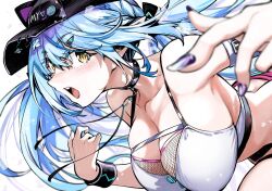 1girl bare_shoulders black_hat blue_hair breasts cleavage collar elf hat hololive kurose_kousuke large_breasts long_hair pointy_ears simple_background solo strapless tube_top upper_body virtual_youtuber white_background white_tube_top yellow_eyes yukihana_lamy yukihana_lamy_(cyber)