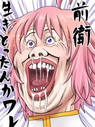 1girl ahoge arch_bishop_(ragnarok_online) close-up commentary_request downtown_no_gaki_no_tsukai_ya_arahende!! hamada_masatoshi lips man_gatarou_(style) nose open_mouth parody pink_hair purple_eyes ragnarok_online sasamuke_pika short_hair solo style_parody teeth tongue translation_request