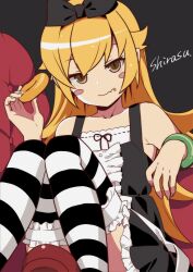 1girl armlet black_dress blonde_hair blush_stickers bow bracelet closed_mouth commentary_request donut dress fang food holding holding_donut holding_food jewelry lace lace_trim long_hair looking_at_viewer monogatari_(series) oshino_shinobu shirasu_udon signature sitting solo striped_clothes striped_thighhighs thighhighs yellow_eyes