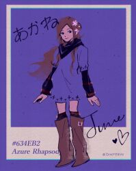 Rule 34 | 1girl, artist name, black scarf, black socks, boots, brown boots, brown hair, character name, closed mouth, commentary, dixoterin, dress, english commentary, english text, eyelashes, full body, heart, hex code, kneehighs, kurashiki akane, kyokugen dasshutsu, kyokugen dasshutsu: 9 jikan 9 nin 9 no tobira, long hair, long sleeves, purple dress, purple theme, scarf, smile, socks, solo, standing