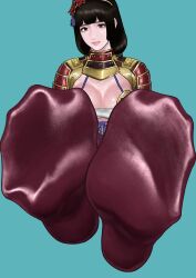 1girl armor black_eyes black_hair breasts cleavage feet highres koukou_panchi long_hair looking_at_viewer red_thighhighs soles thighhighs