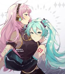 2girls aqua_eyes aqua_hair aqua_nails arm_warmers blue_brooch blue_eyes blush breasts hachii.ro hatsune_miku head_on_chest headphones highres long_hair megurine_luka multiple_girls pink_hair see-through_clothes see-through_shirt shirt sleeveless sleeveless_shirt tattoo twintails vocaloid yuri