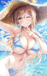 1girl ;d alternate_costume arm_up armpits bikini blue_bikini blue_eyes blue_sky breasts brown_hair cloud cloudy_sky collarbone commentary_request finger_to_mouth gakuen_idolmaster glasses grin groin hand_on_headwear hat highres himesaki_rinami horizon hozumi_kaoru huge_breasts idolmaster index_finger_raised lens_flare linea_alba long_hair looking_at_viewer navel ocean one_eye_closed open_mouth outdoors panty_straps skindentation sky smile solo stomach straw_hat swimsuit very_long_hair wading wet