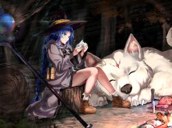 Rule 34 | 1girl, absurdres, animal, animal hands, blue eyes, blue hair, bonfire, boots, braid, braided ponytail, brown boots, campfire, character request, closed eyes, commentary request, fire, food, forest, grey robe, hat, highres, knife, lara greyrat, leo (mushoku tensei), log, long hair, lying, mage staff, meat, mushoku tensei, nature, night, on stomach, outdoors, planted, planted knife, planted weapon, robe, sitting, very long hair, weapon, witch hat, yujin (kanouyuuto-0423)
